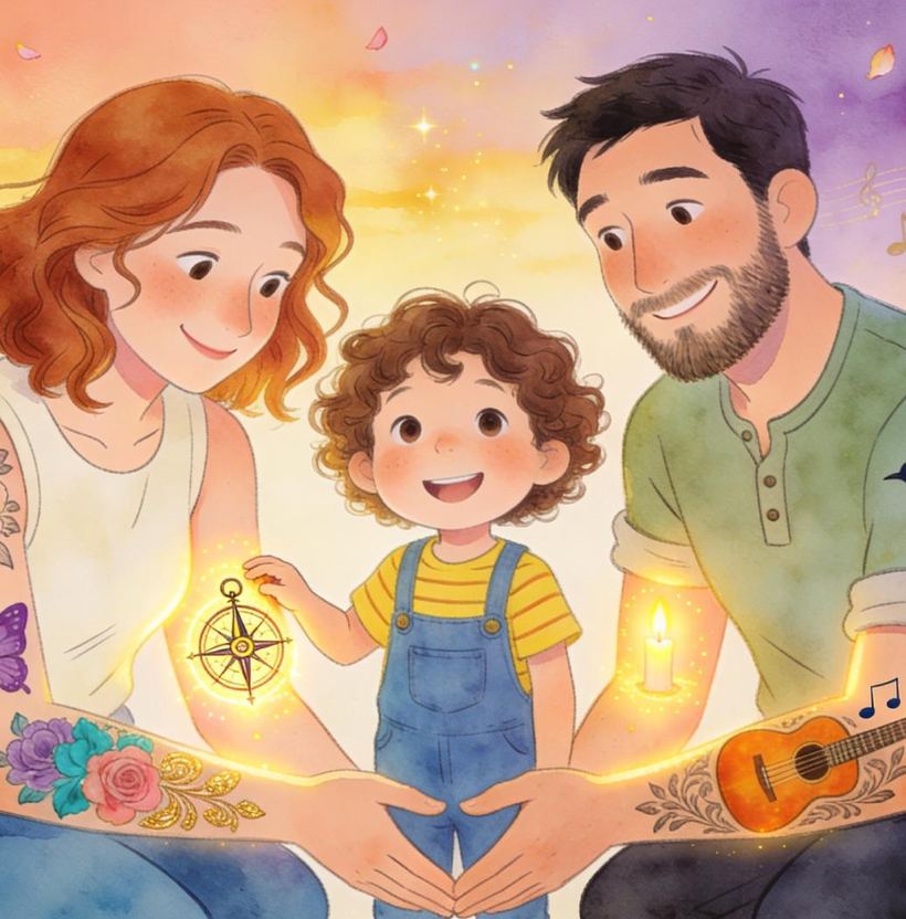 Interior spread: a child sits between Mommy and Daddy, holding a glowing compass charm, with tattooed arms wrapped around them