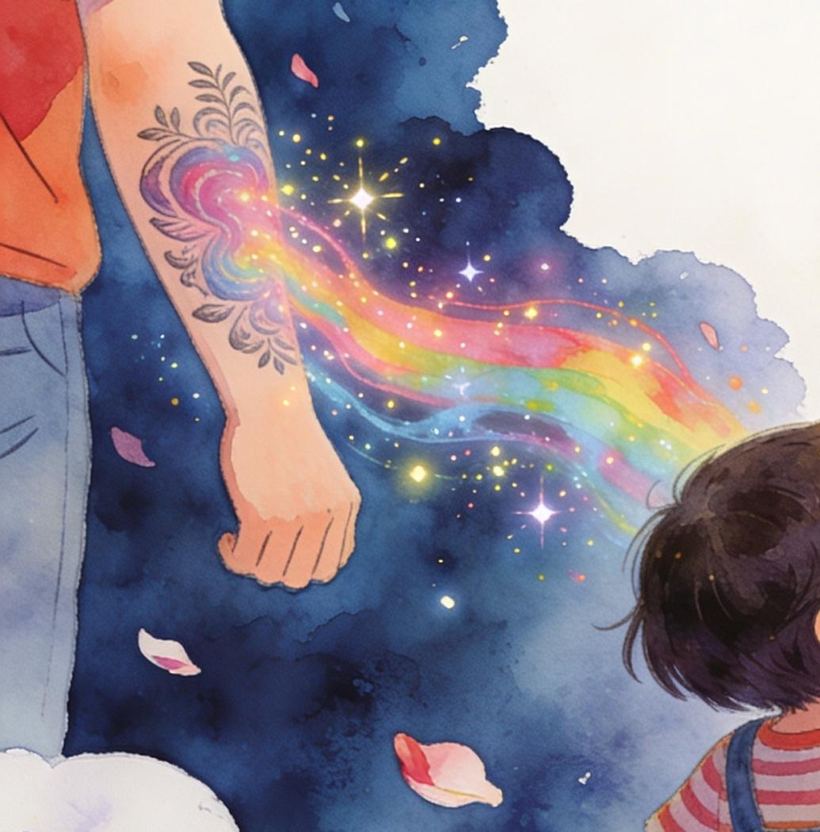 Interior spread: a rainbow and a pirate ship swirl to life between two tattooed arms as the child watches in wonder